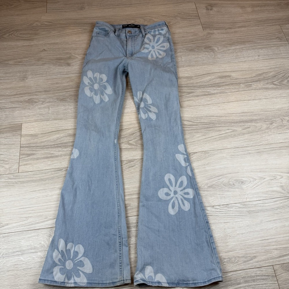 Hollister High Rise Vintage Flare Jeans Light Wash Flower Print Size 25‎